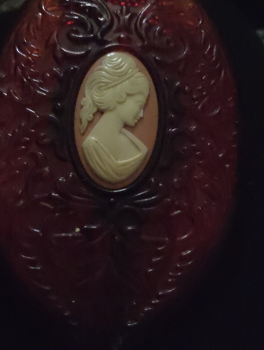 Vintage-Style Red Cameo Lucite Mirrior Avon 1970s